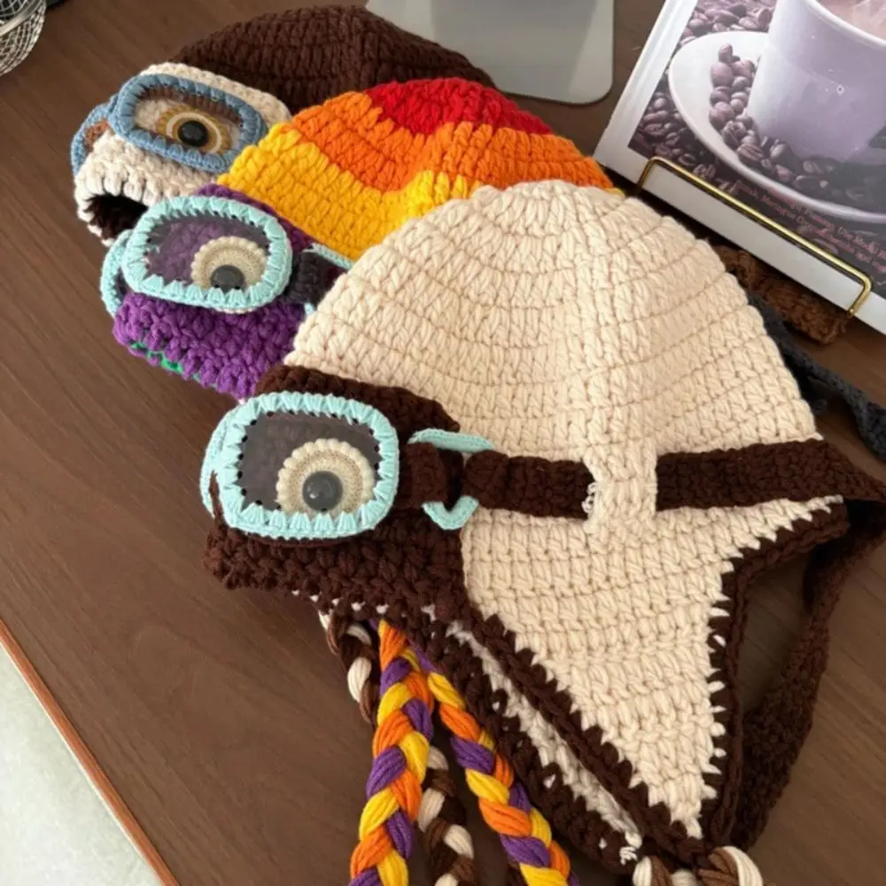 Simple Windproof Winter Pilot Hat With Goggles Crocheted Beanie Lei Feng Hat Ear Protection Color-Blocked Earflap Cap Outdoor