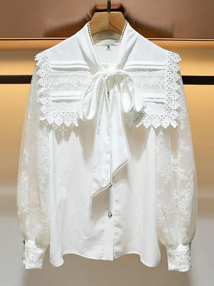 

2025 Autumn New Blouses Solid Color Lace Patchwork Hook Flower Sailor Collar Lace-up Shirts French Elegant Design Women Clothing