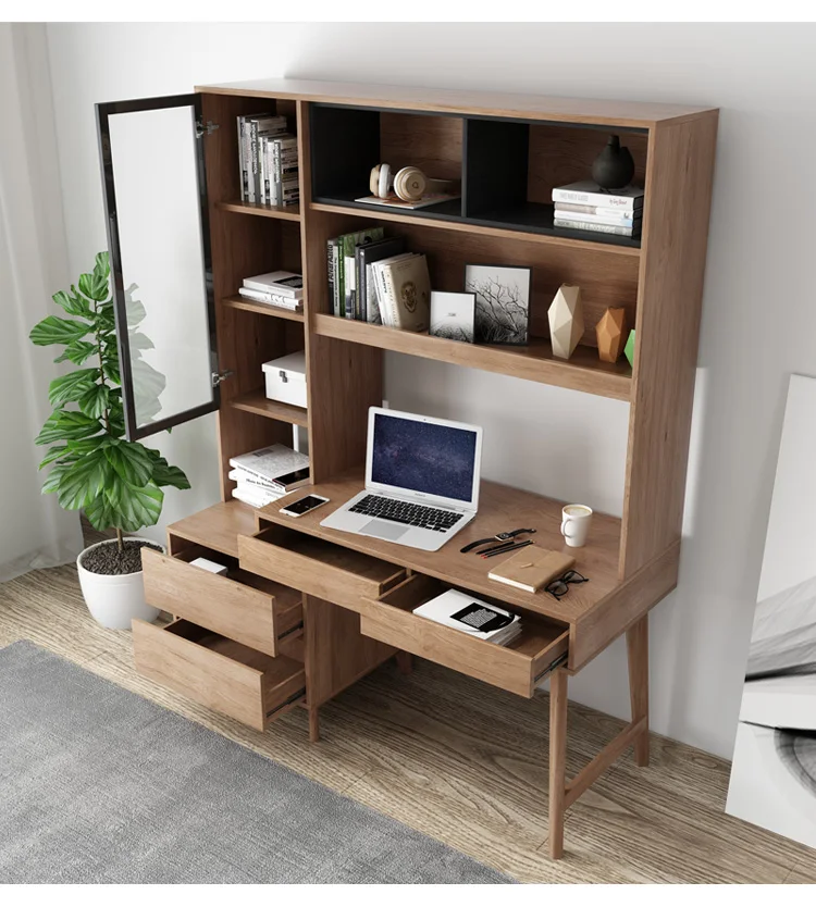 Nordic desk, bookshelf, integrated computer desk with drawers, home office desk, multifunctional writing learning