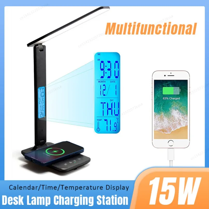

Multi Functional Bedside Table Lamp Wireless Charger Station Time/Calendar/Temperature Display For iPhone Samsung Fast Charging