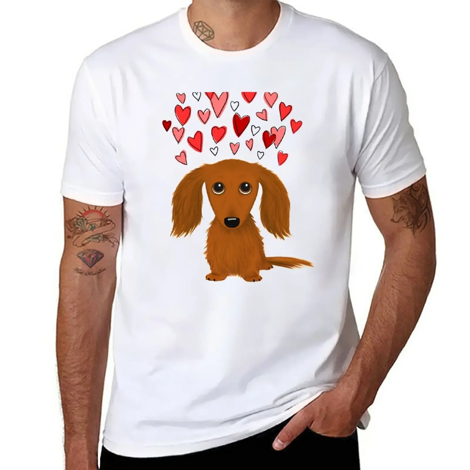 Cute Longhaired Red Dachshund Cartoon Dog with Hearts T-Shirt customizeds plain black t shirts men