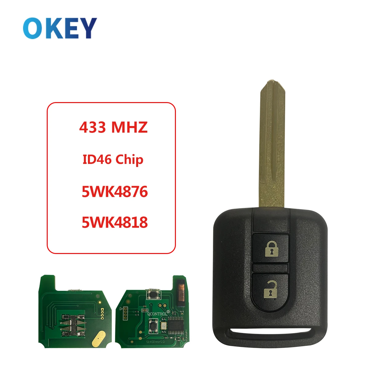 

Okey 5WK4876 5WK4818 433 МГц 2 кнопки ID46 чип для Nissan Elgrand X-TRAIL Qashqai Navara Micra Note NV200 дистанционный Автомобильный ключ