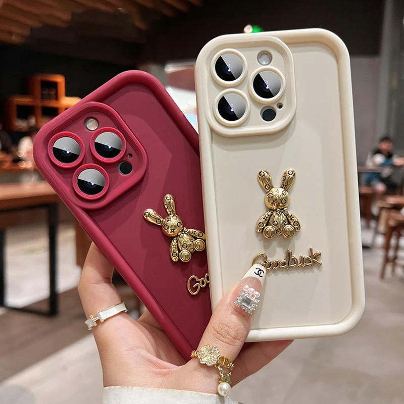 3D Cute Golden Rabbit Silicone Soft Phone Case For iPhone 15 16 Pro Max 14 13 12 11 XS XR 7 8 Plus Shockproof Candy Matte Cover