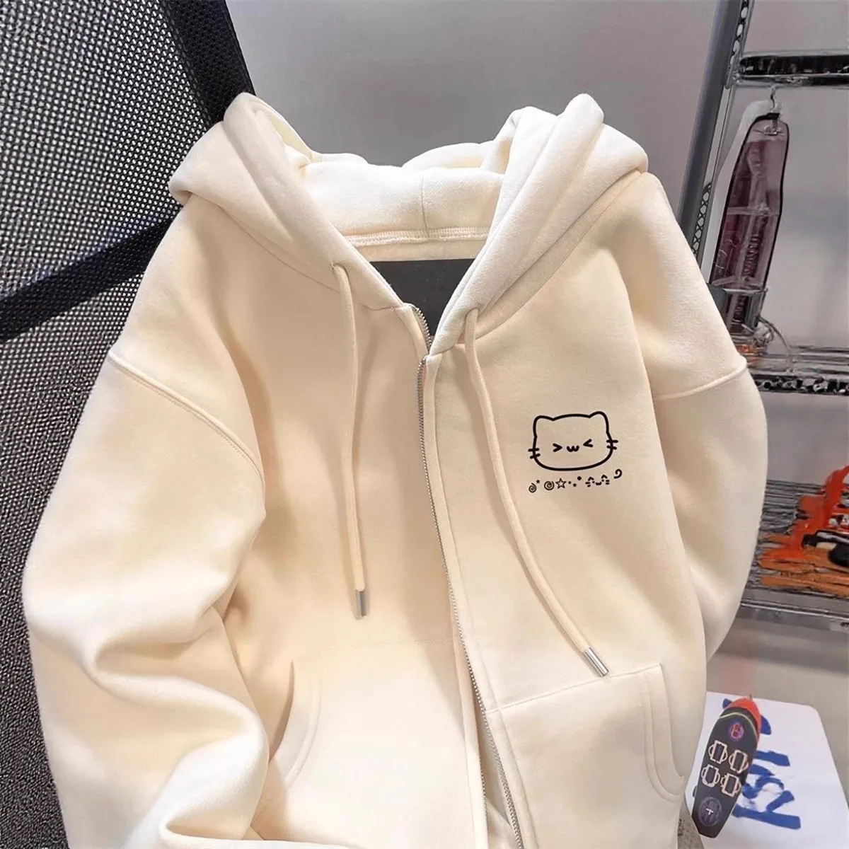 Velvet Cute Cat Zipper Hoodie for Women