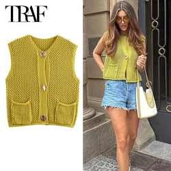 TRAF Knitted Top Women 2024 Button Tank Vest Spring Summer Autumn Sleeveless Green Knit Vest Ladies Fashion Casual Elegant Tops