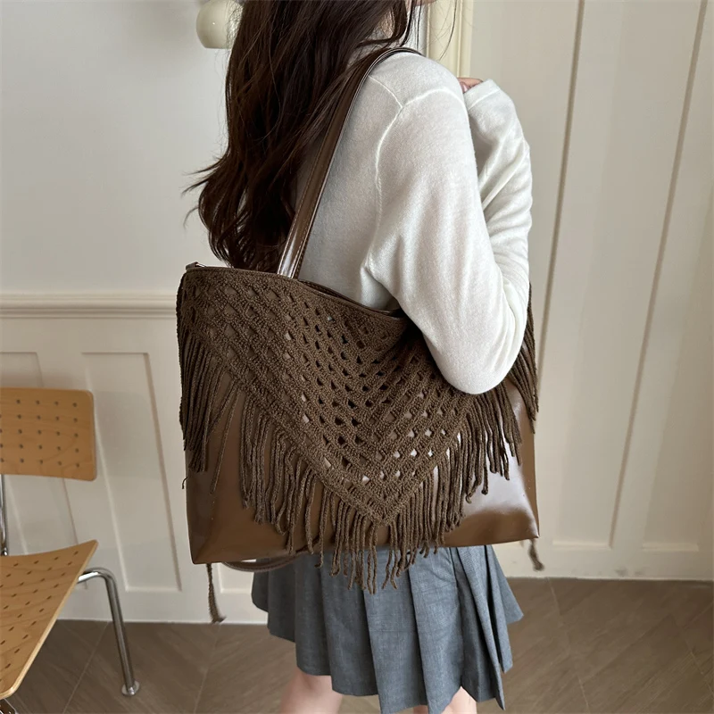 Bolso de hombro tejido con flecos para mujer, estilo boho, bolso de playa retro de PU, bolso de viaje de gran capacidad