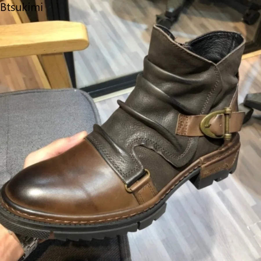 Autumn Winter Retro Men Motorcycle Leather Boots British Style Round Head High Top Shoes Casual Platform Boots Moto Street Gear
