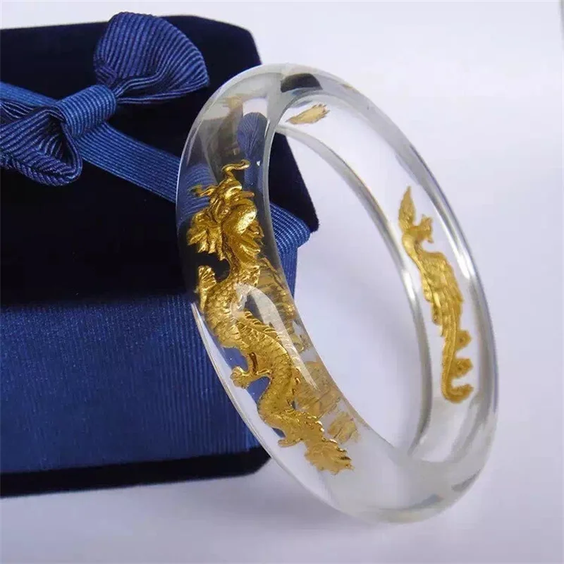 Hot Selling / Hand-carved Crystal Inlaid Gold Dragon and Phoenix Bangle60-62mm Fashion Jewelry Bracelet MenWomen LuckGifts