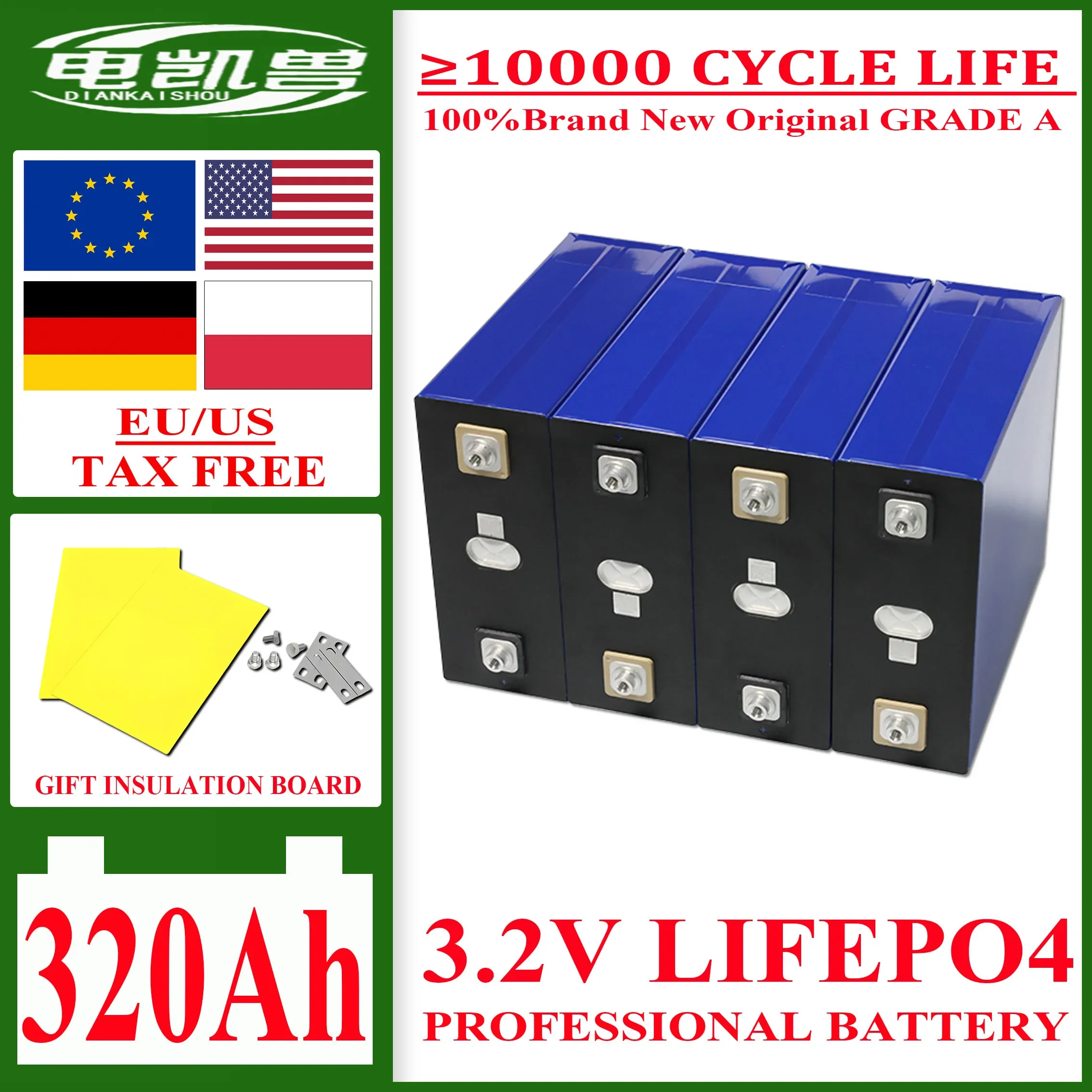 1-16PCS 3.2V 320Ah Grade A Lifepo4 Battery 12V 24V 48V Rechargable Lithium Iron Phosphate Battery For Backup Power RV Boat