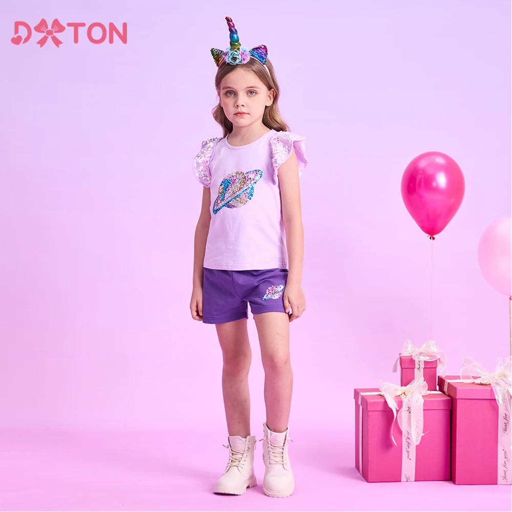 

DXTON Baby Girls Clothes Sets Starry Sky Kids T-shirt Tops+Shorts Toddler Clothing Suit Sequined Summer Children Girls 2Pcs Sets