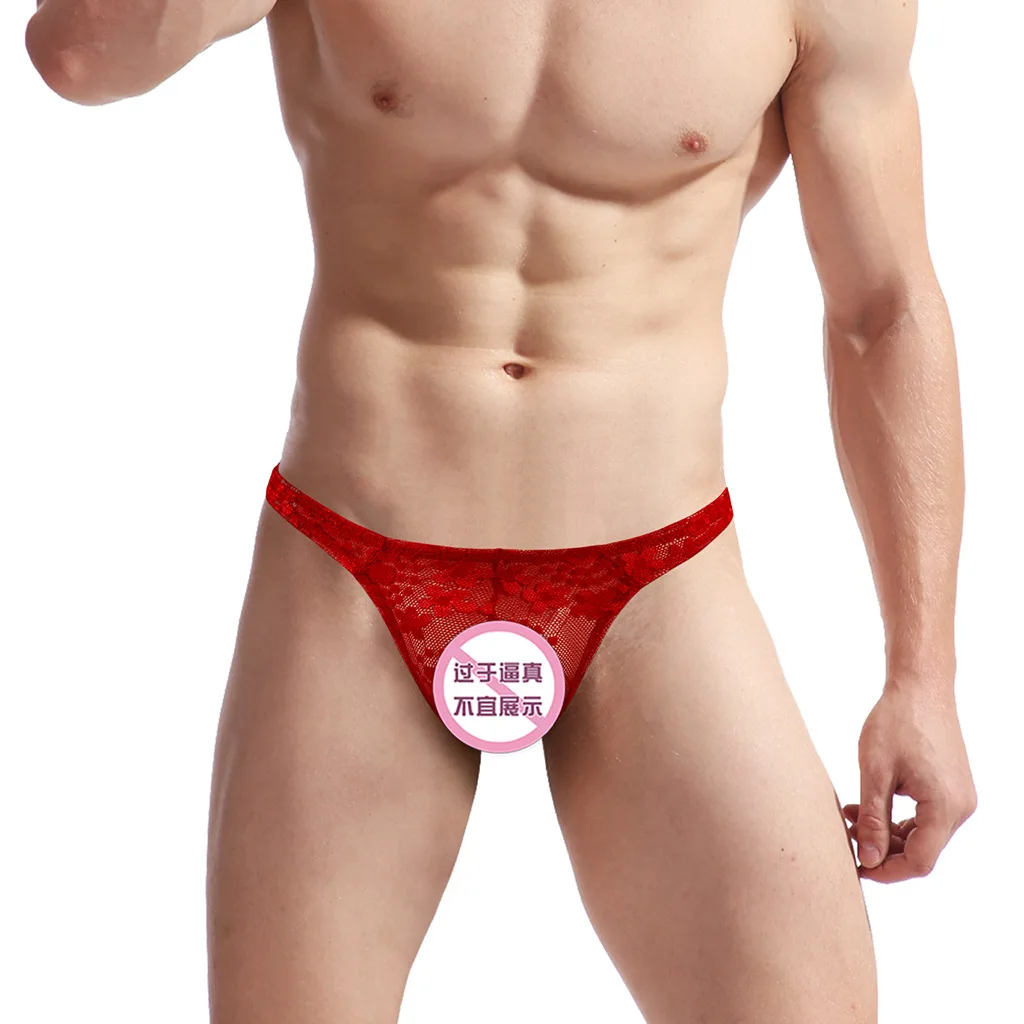 Sexy Low-Rise Mens Underwear Red Lace Thongs And G-String Mesh Transparent T-pants Underpants 1119