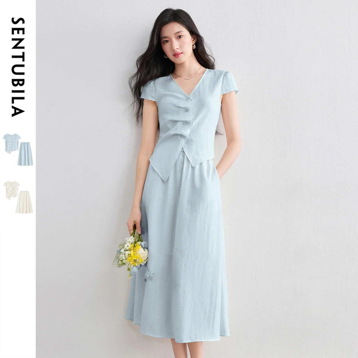SENTUBILA 2 Pieces Set For Woman Skirt Outfits Summer 2026 Elegant V-neck Folds Short Sleeve Top A-line Skirt Lady Set Q52ZA2588