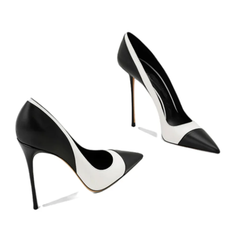 

Bloomsteps Black and White Color Block High Heels Pointed Toe Slip-On Super High Heels Sexy Stiletto Commuter Shoes