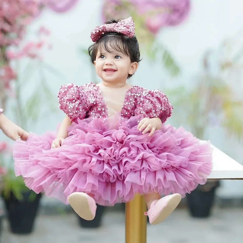 Cute Baby Girl Flower  Dresses Short Princess Sleeve V Neck Ruffles Tulle Glitter Sequin Birthday Party Gown Communion Dress