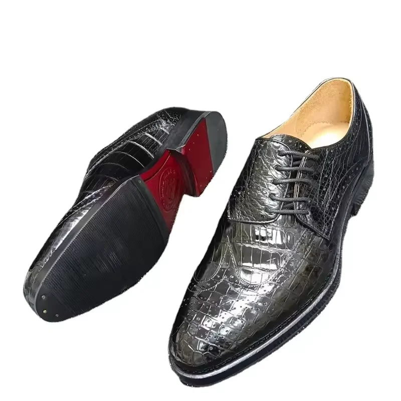 Authentic Real Crocodile Skin Men's Brogue Dress Shoes Genuine Exotic Leather Asymmetrical Lace-up Male Black Dress Oxfords