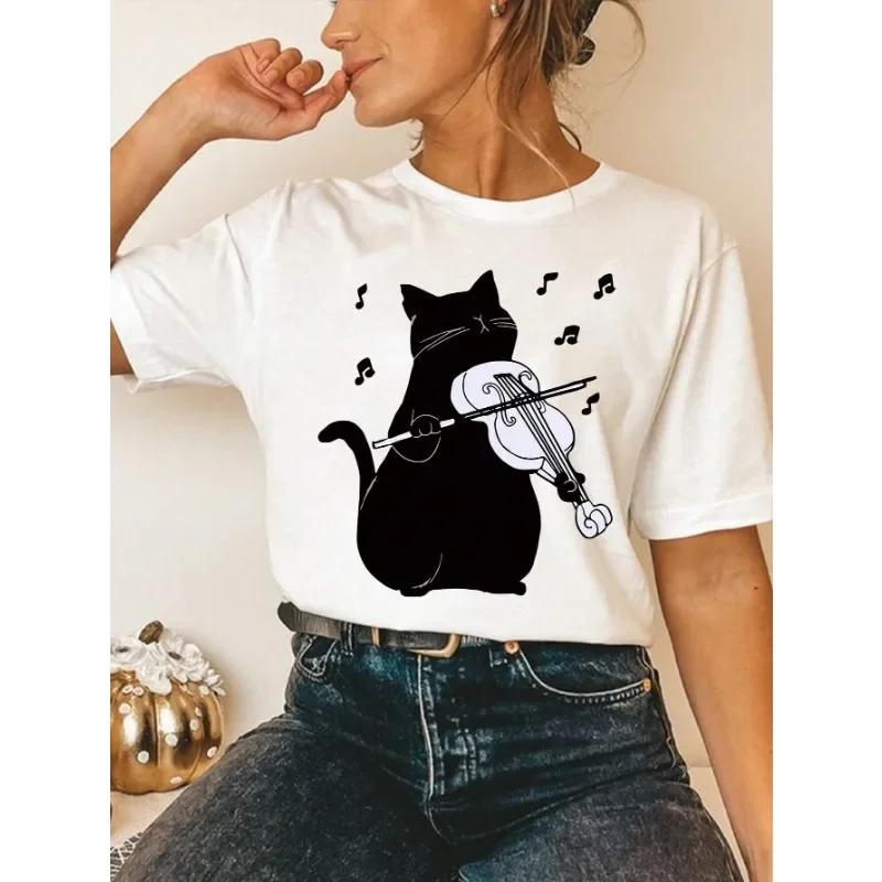 Women's T-shirt Fashion Cat Playing Violin Printed Women's Top Harajuku Punk O-neck Streetwear Tee Vintage Loose Short Tee