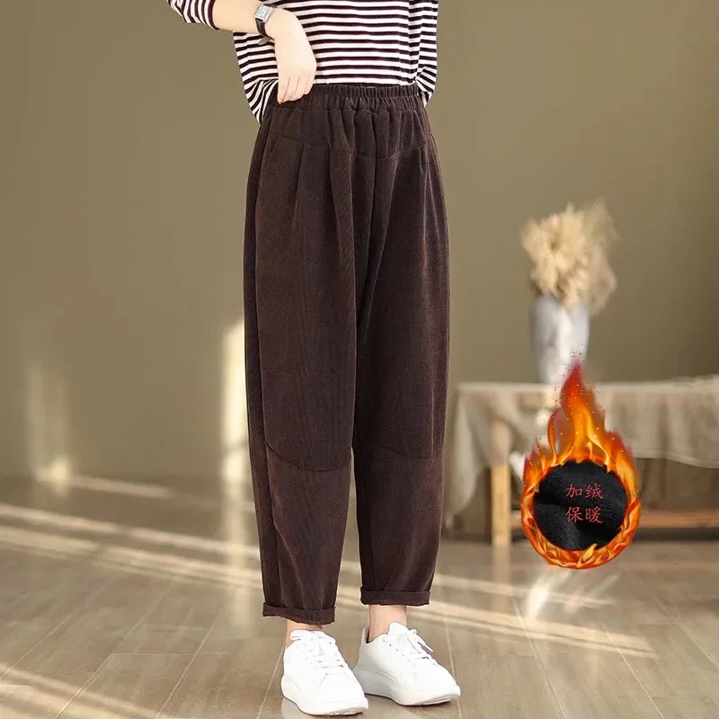 Women New Large Size 4XL Casual Pantalons Autumn Winter Female Loose Corduroy Pant Ladies High Waist Straight Tube Trousers
