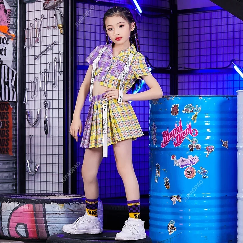 Kinder Hip Hop Crop Top Plaid Street Dance Rock Mädchen Band Falten Röcke Teenager Jazz Coole Kostüme Kind Streetwear Kleidung Set