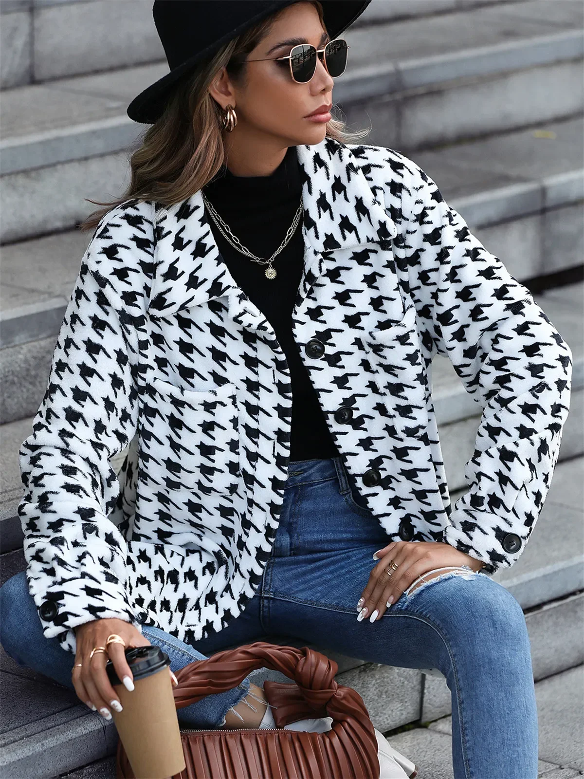 Abrigos de invierno para mujer, ropa de franela, traje informal, chaqueta bonita y cálida, prendas de vestir exteriores, color blanco y negro