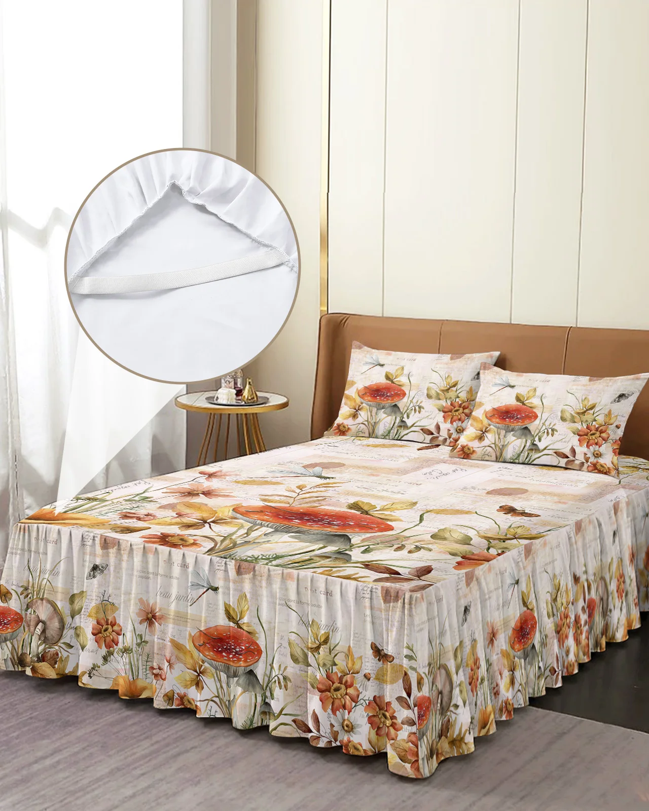 Autumn Mushroom Flower Butterfly Dragonfly Bed Skirt Fitted Bedspread With Pillowcases Mattress Cover Bedding Set Bed Sheet