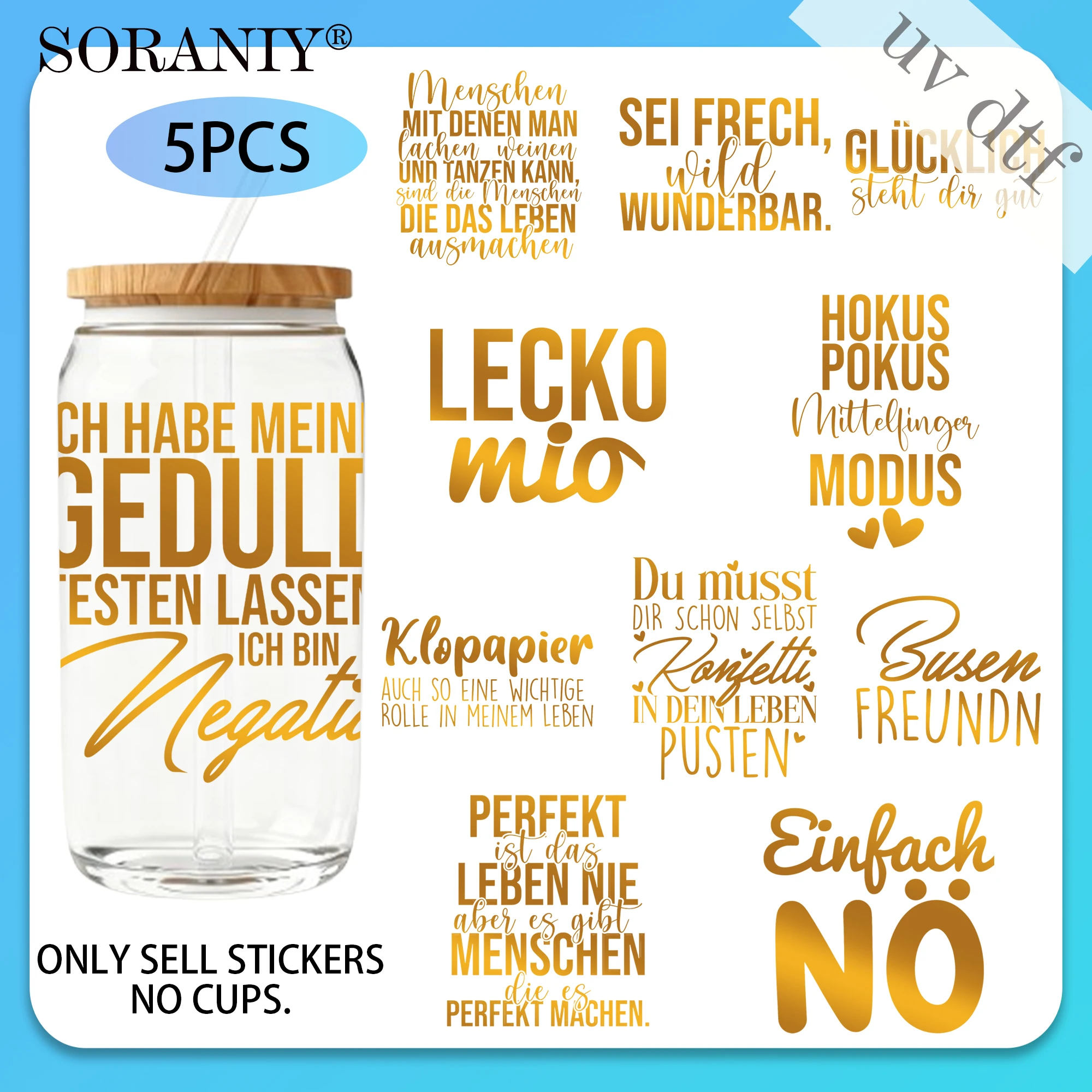 UV DTF 16OZ DIY Transfer Stickers - 5 Pieces/Set Golden Text German Inspirational Quotes Theme 16 Oz Glass Jar Packaging Transfe