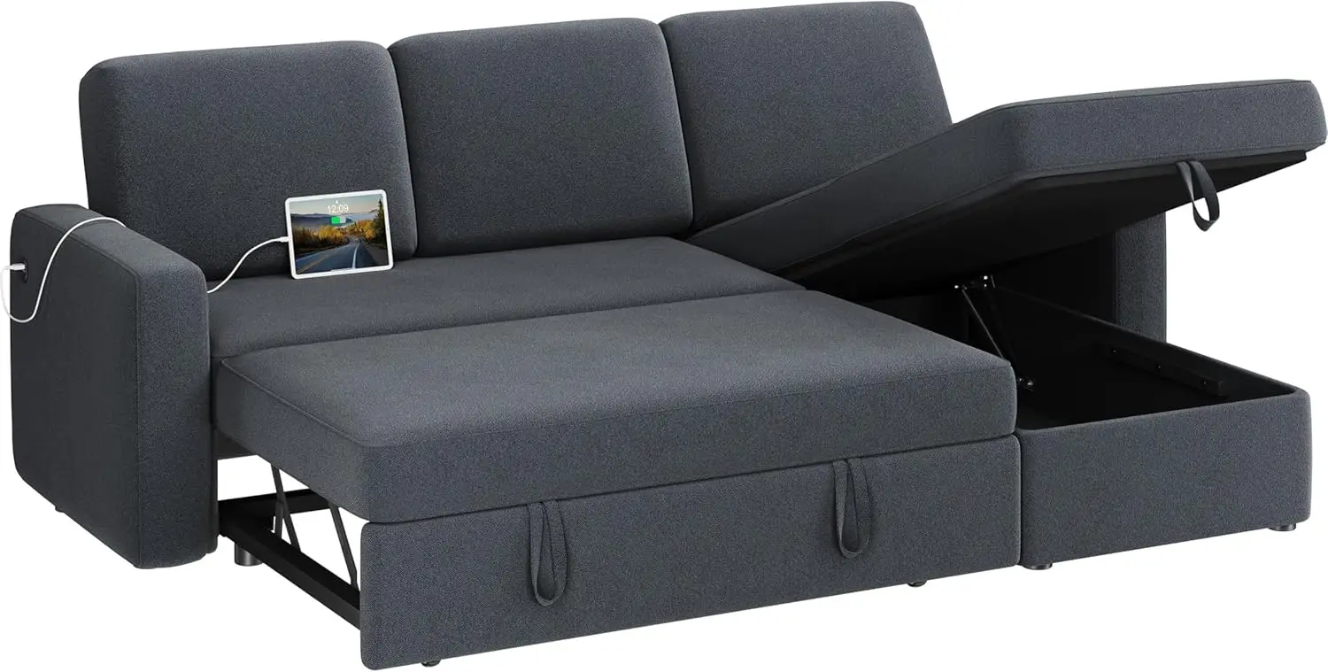 Sofa Couch Bed w/Chaise & USB, Reversible Couch Sleeper w/Pull Out Bed & Storage Space, 4-seat Fabric Convertible Sofa