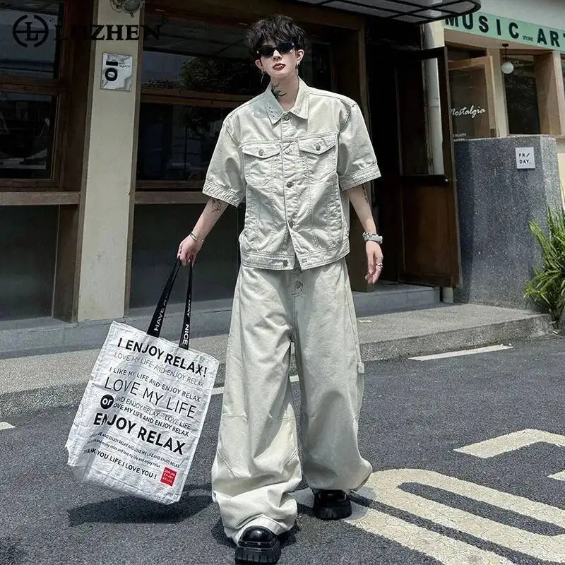 

LUZHEN 2026 Summer Solid Color Denim Two-piece Sets Men's Fashion Loose Wide Leg Jeans Handsome Short Sleeve Shirts Male JY6890