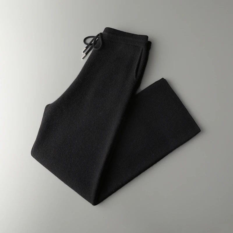 New 100% Cashmere Elastic-Waist Thickened Wide-Leg Men's Casual Fashion Long Pants Autumn Winter Warm Comfortable Knitted Pants