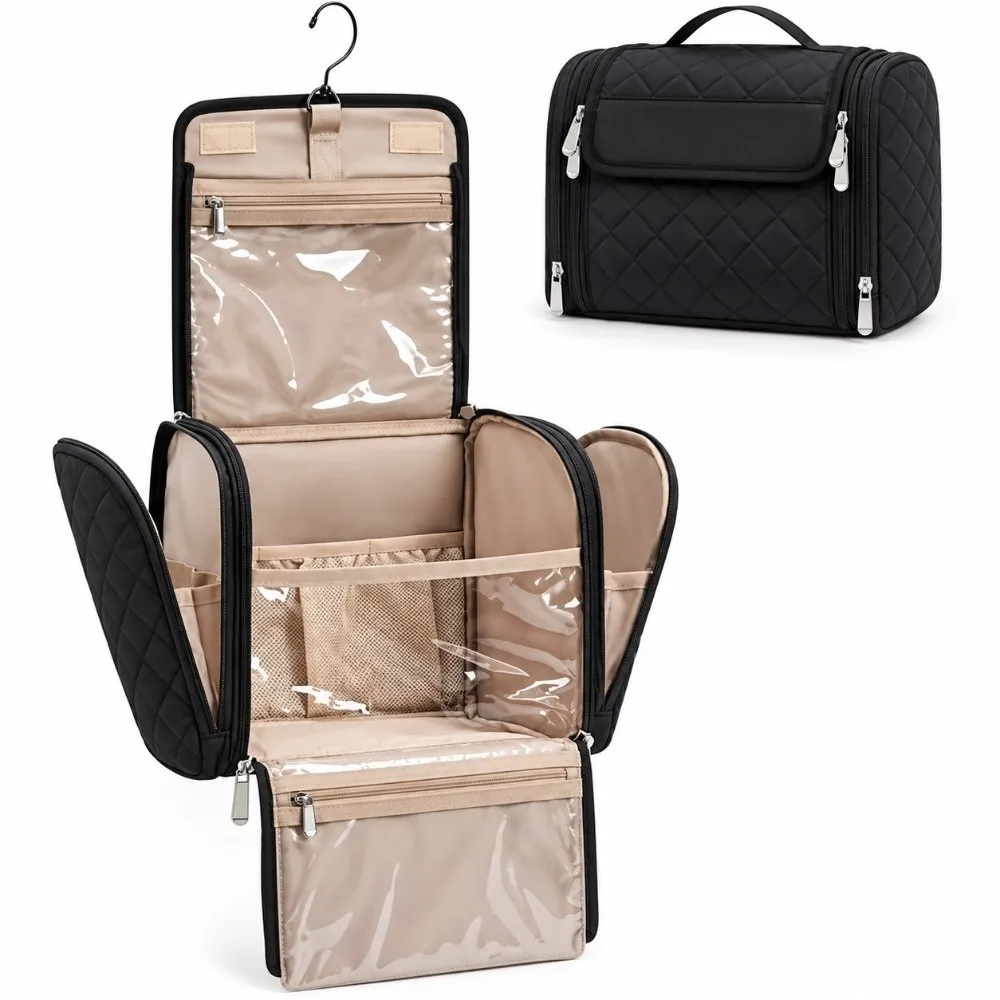 Waterproof Hanging Toiletry Bag Clear Pockets Multi Compartment Cosmetic Carry Case Hanging Hook Carry Handle Makeup Organizer