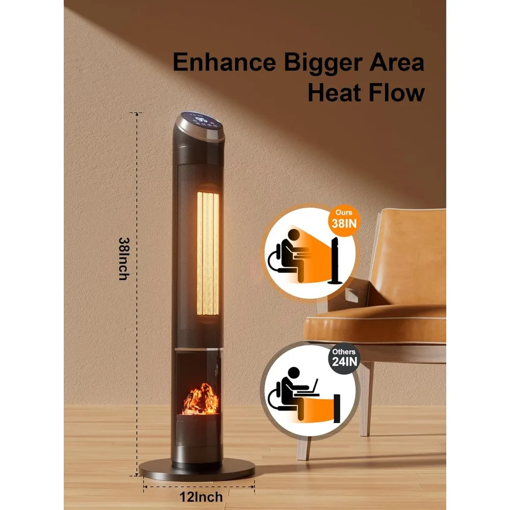 38'' Space Heater 3D Flame Effect Portable Electric Heater for Indoor Use Ceramic Tower Heaters Adjustable Thermostat