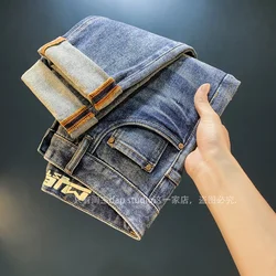 2024 new fashion wash blue jeans men's autumn trendy printed elastic minimalist casual trousers