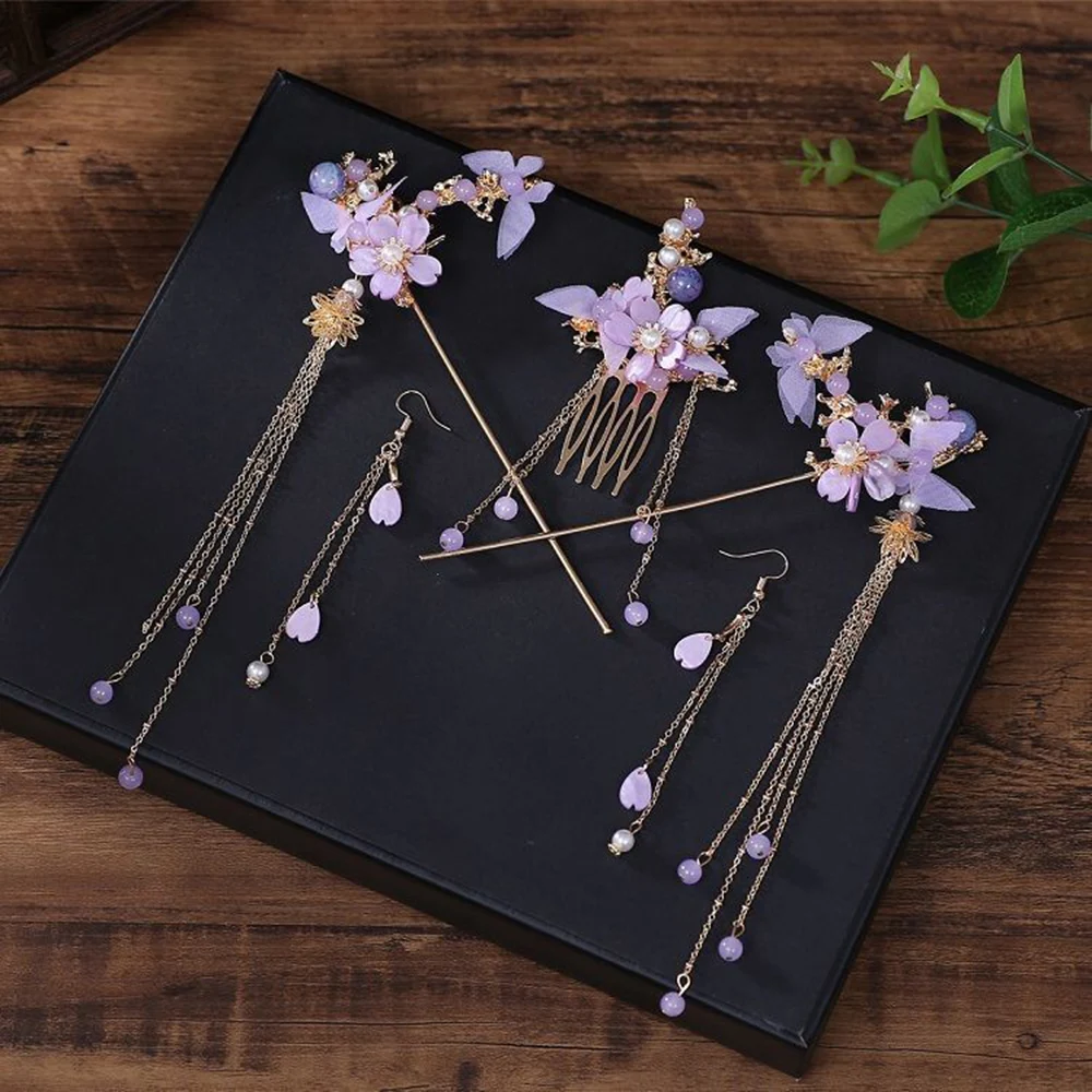 

Chinese Hair Stick Set Classy Fringed Alloy Flowers Hair Fork Side Comb for Banquet Wedding Dresses Skirts H9