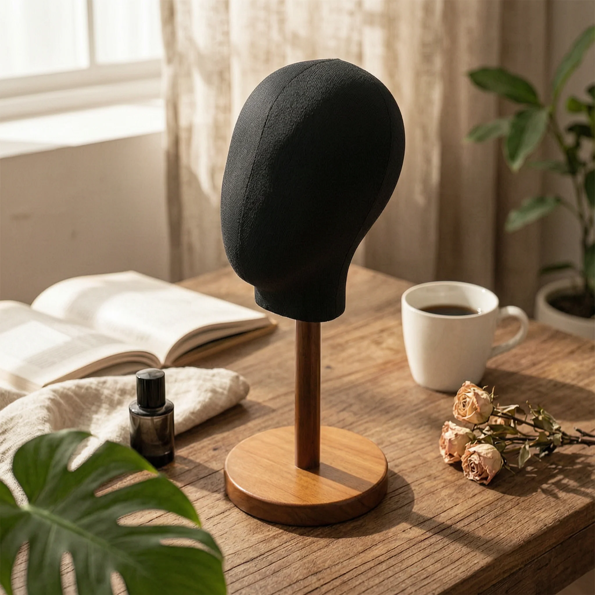 Mannequin Head with Wooden Base Countertop Head Mannequin Hat Display Stand Lightweight Sturdy for Boutique Owners, Shop Window