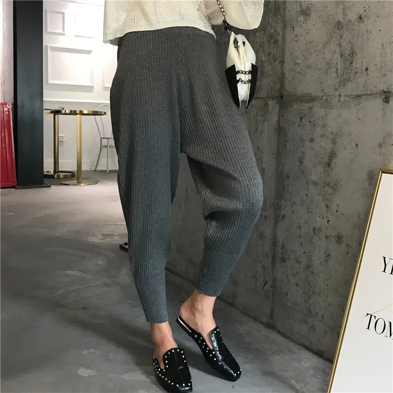 

Knitted Harem Pants Solid Color Autumn Winter Loose High Waist Elastic Waist Streetwear Women New Simple Black Grey S-2xl Pants