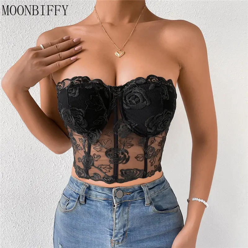 Women Sexy Corset Bra Lace Embroidery Floral See Through Off Shoulder Tank Top bralette Summer Mesh Strapless Backless Underwear