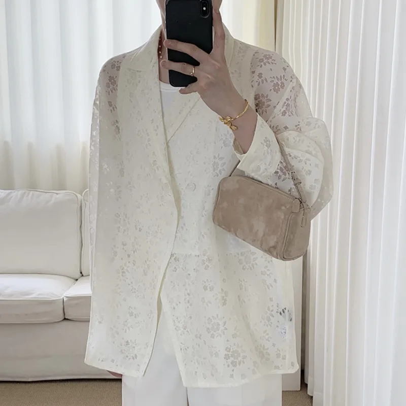 WVGA Spring Summer New Men Tide Hollow Out Floral Trendy Turn-Down Collar Top Niche Casual Sunproof Long Sleeve Shirt Ins W25327