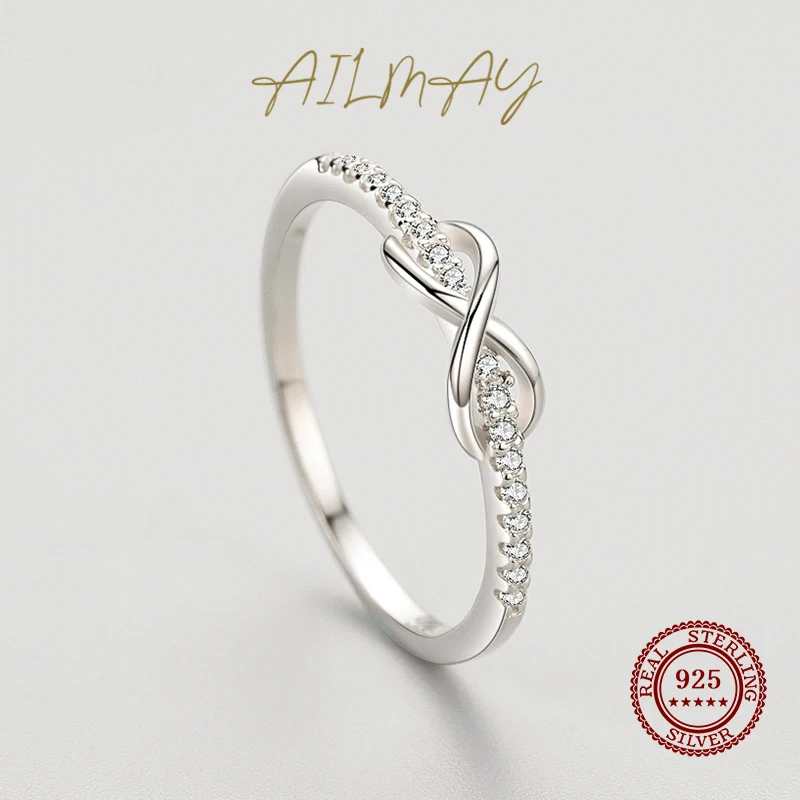 Ailmay Fashion 925 Sterling Silver Romantic Bowknot Stackable Shiny CZ Finger Ring Dla kobiet Drobna biżuteria Prezent walentynkowy — zdjęcie 3