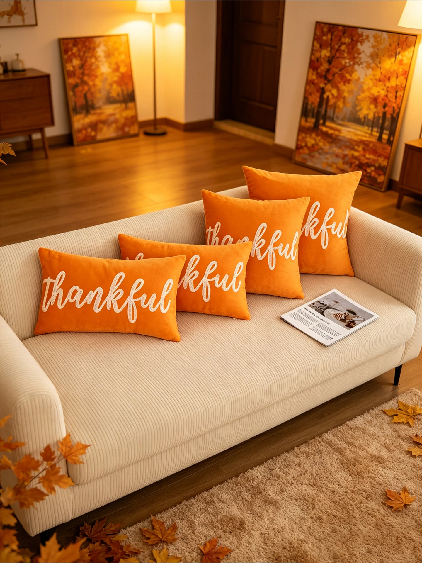 1PC Warm Orange Velvet Embroidered Thanksgiving Pillowcase Decorative Cushion Cover for Sofa Bed Car Home Decoration Not includ
