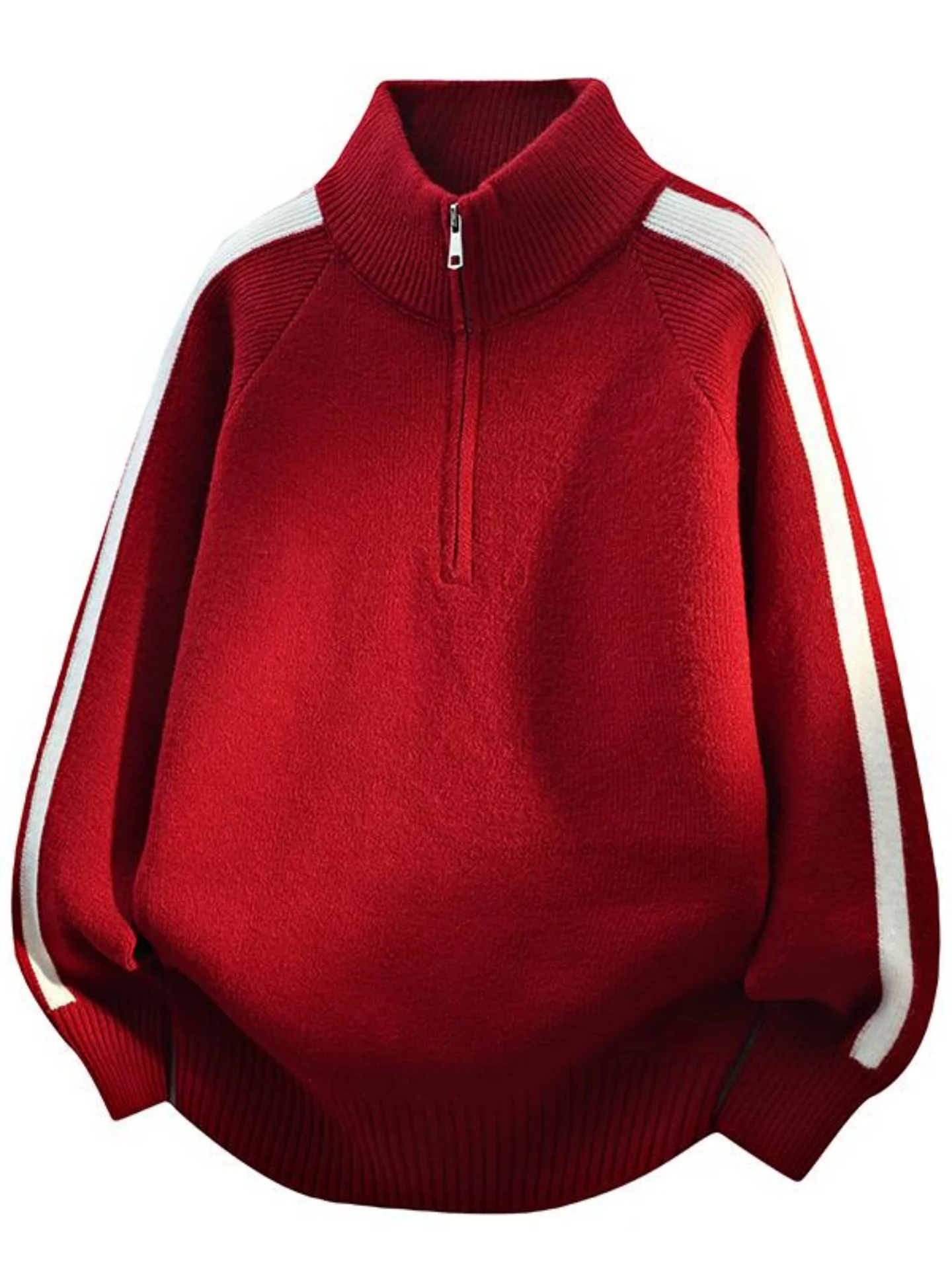 

Men's Autumn Winter f Zip Knitwear Casual Loose Fit Striped Sweater Red American Retro Sle Comfortable Soft Polyester Fiber