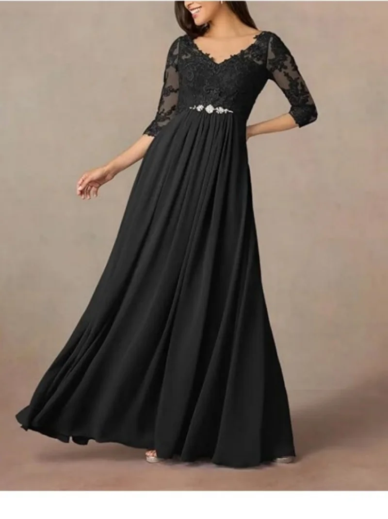 

Chiffon Mother of The Bride Dresses Lace Appliques Belt Formal Evening Dresses V Neck Wedding Guest Dresses for Women Plus Size