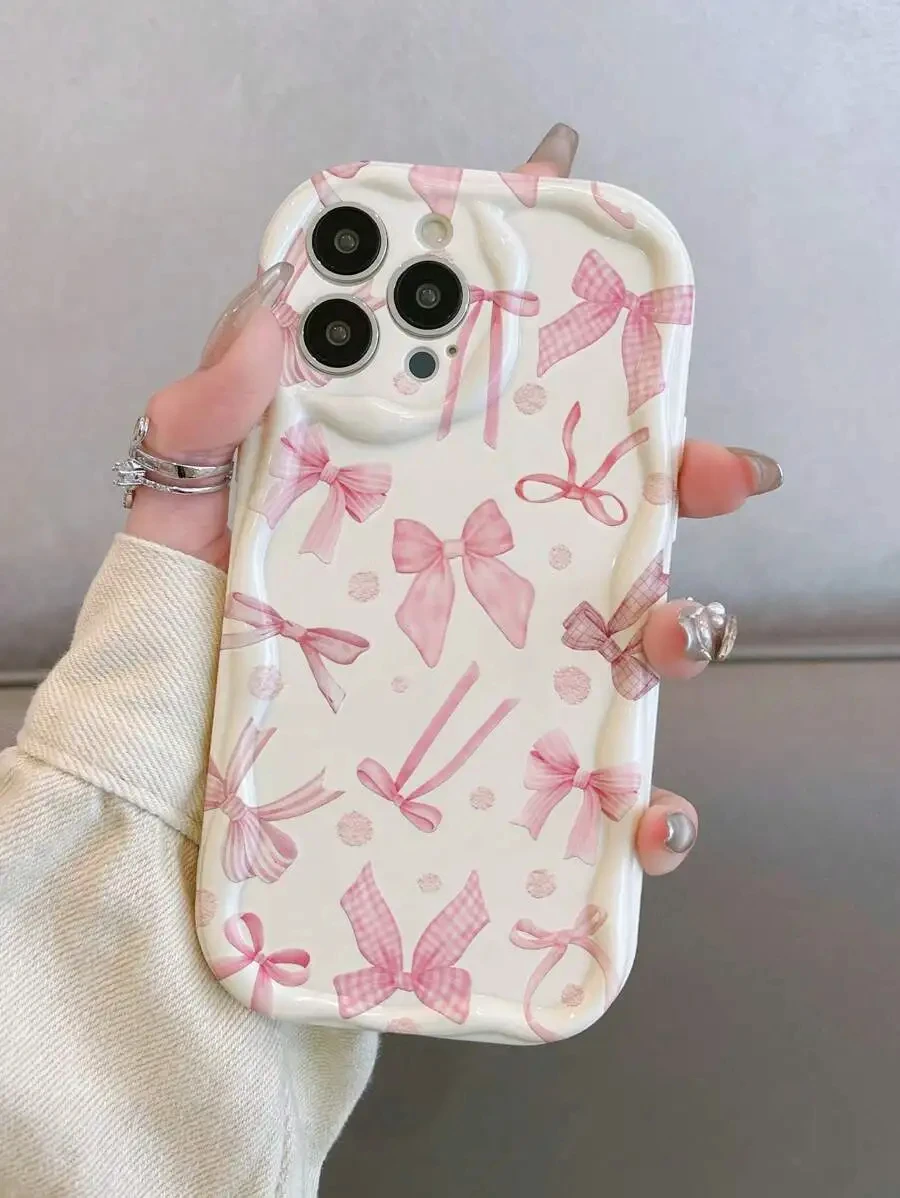 

Прозрачный кремовый чехол с бантом и принтом для iPhone 17 16 Pro Max XS X XR 16E 11 13 12 15 14 7 8 Plus Противоударный мягкий чехол