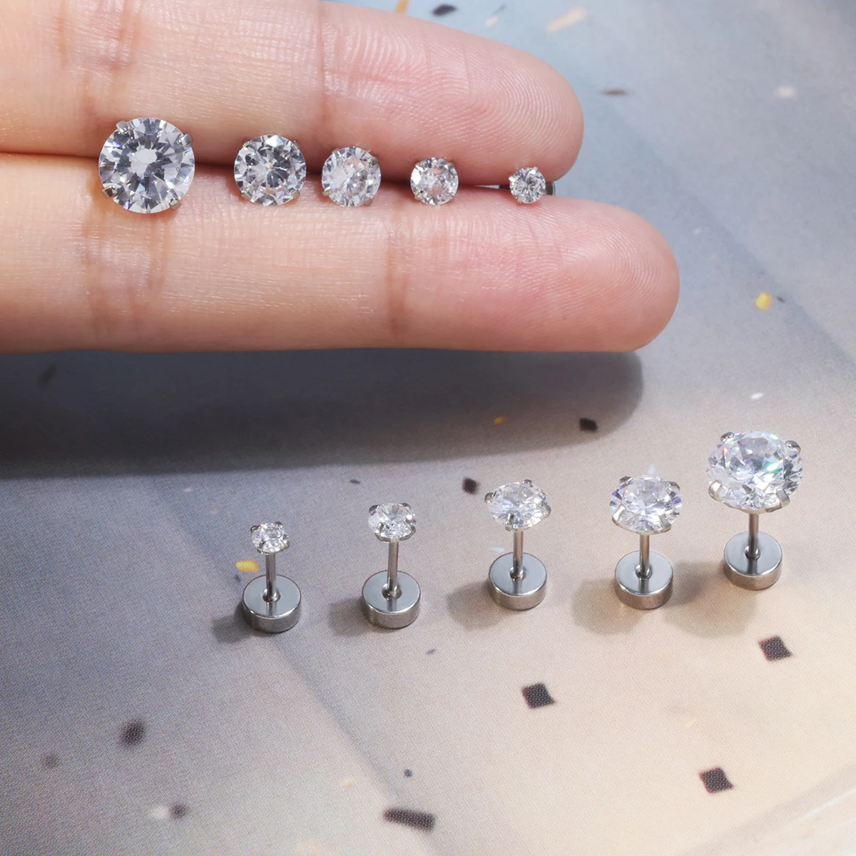 5 Pairs Women's CZ Stud Earrings Set Hypoallergenic Stainless Steel Mixed round Square Cubic Zirconia 3mm-8mm Jewelry Gift