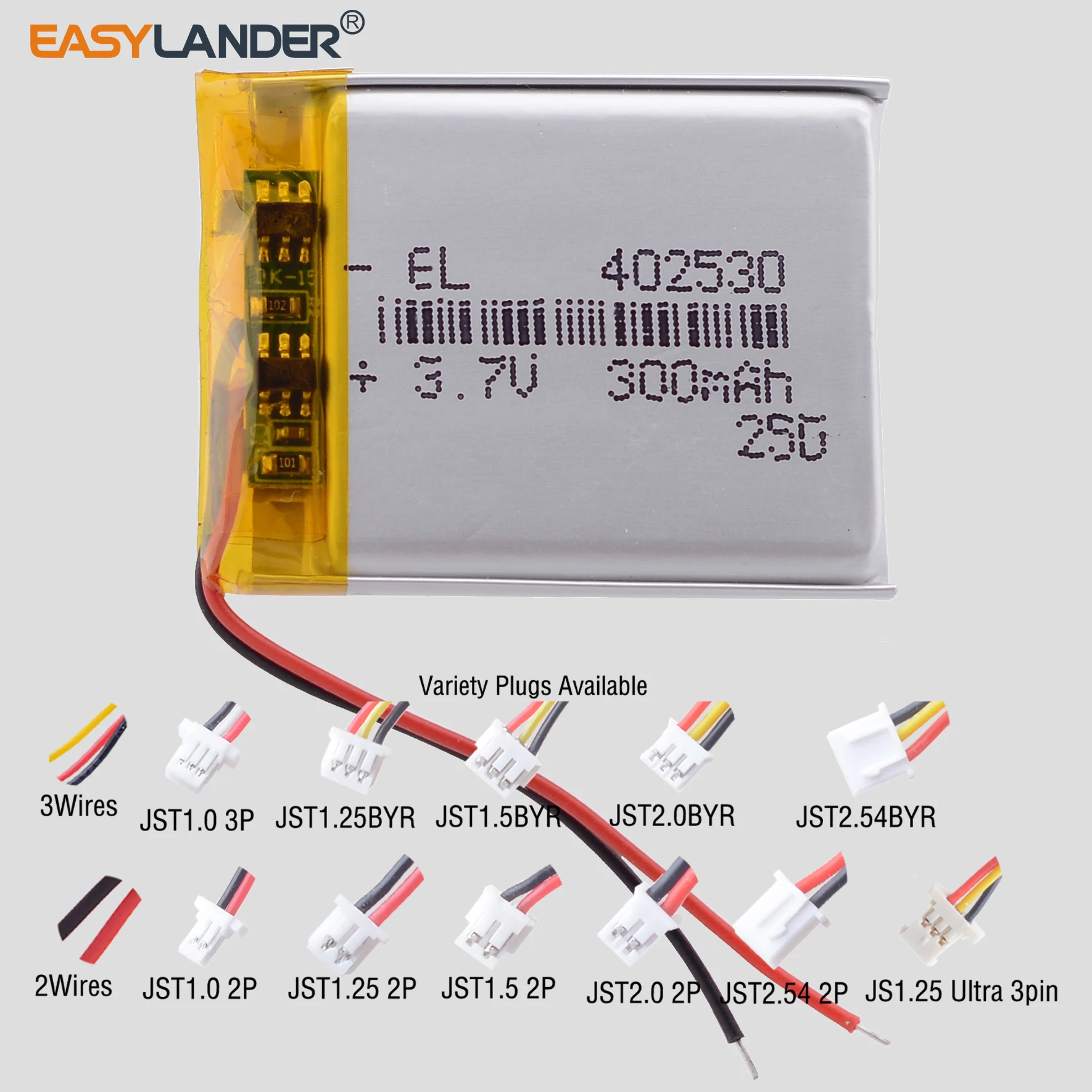Variety Plug Available JST2.0 2P JST 2.03P 402530 3.7V 300mAh Rechargeable Lithium Li-ion Polymer Lipo Battery