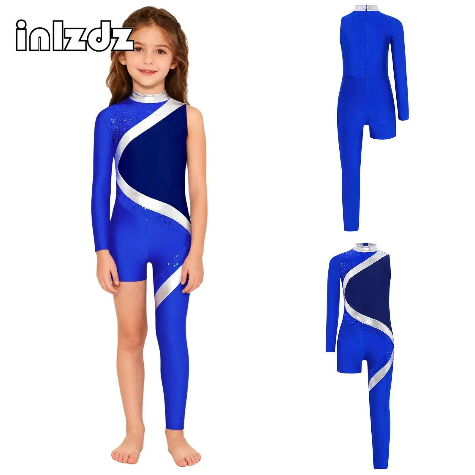 

Kids Girl Rhythmic Gymnastics Figure Ice Skating Dance Performance Costume Teens Shiny Sequins Color Block Asymmetrical Jumpsuit