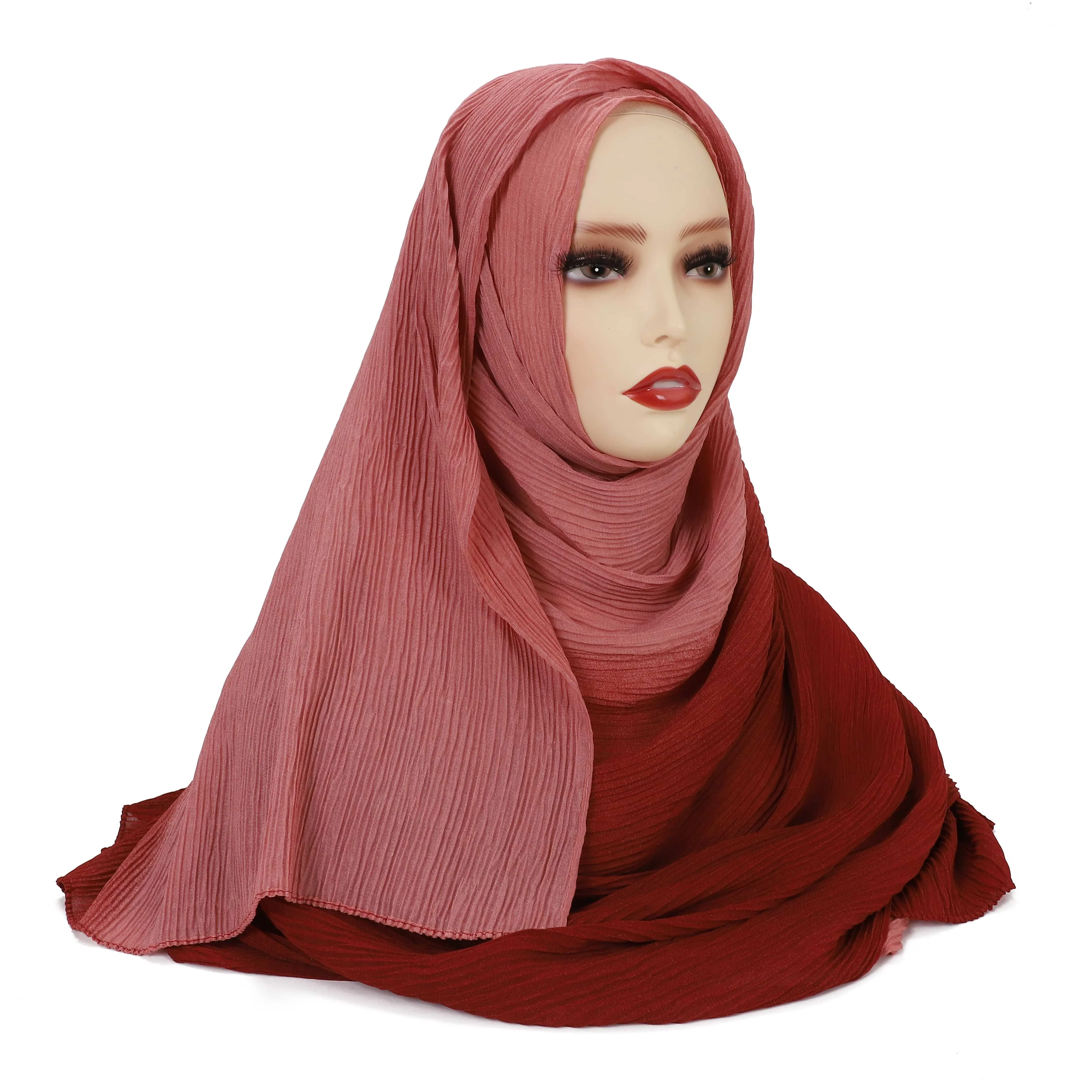 Ombre Stilvoller, elastischer, eleganter, atmungsaktiver, dünner Sonnenschutz-Farbverlauf, zweifarbiger Plissee-Schal, langer Schal aus Crinkle-Hijab-Baumwolle