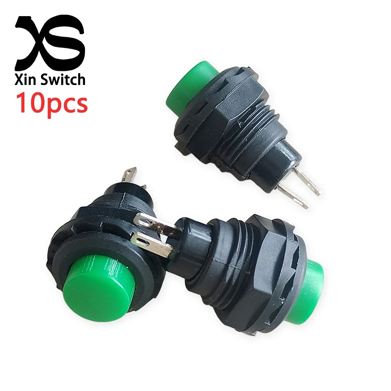 10 Stück R13-502 Grüner selbstrückstellender Druckschalter, Öffnung 12 mm, 1,5 A 250 V/3 A 125 V, mit Mutterbefestigung, runder Kunststoff-Druckschalter – Detail 1