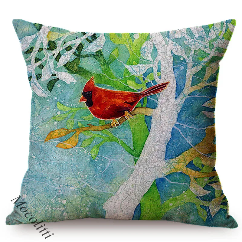 Spring Colorful Home Decoration Cushion Cover Cardinal Bird Style Water Color Art Cotton Linen Square Sofa Throw Pillow Case