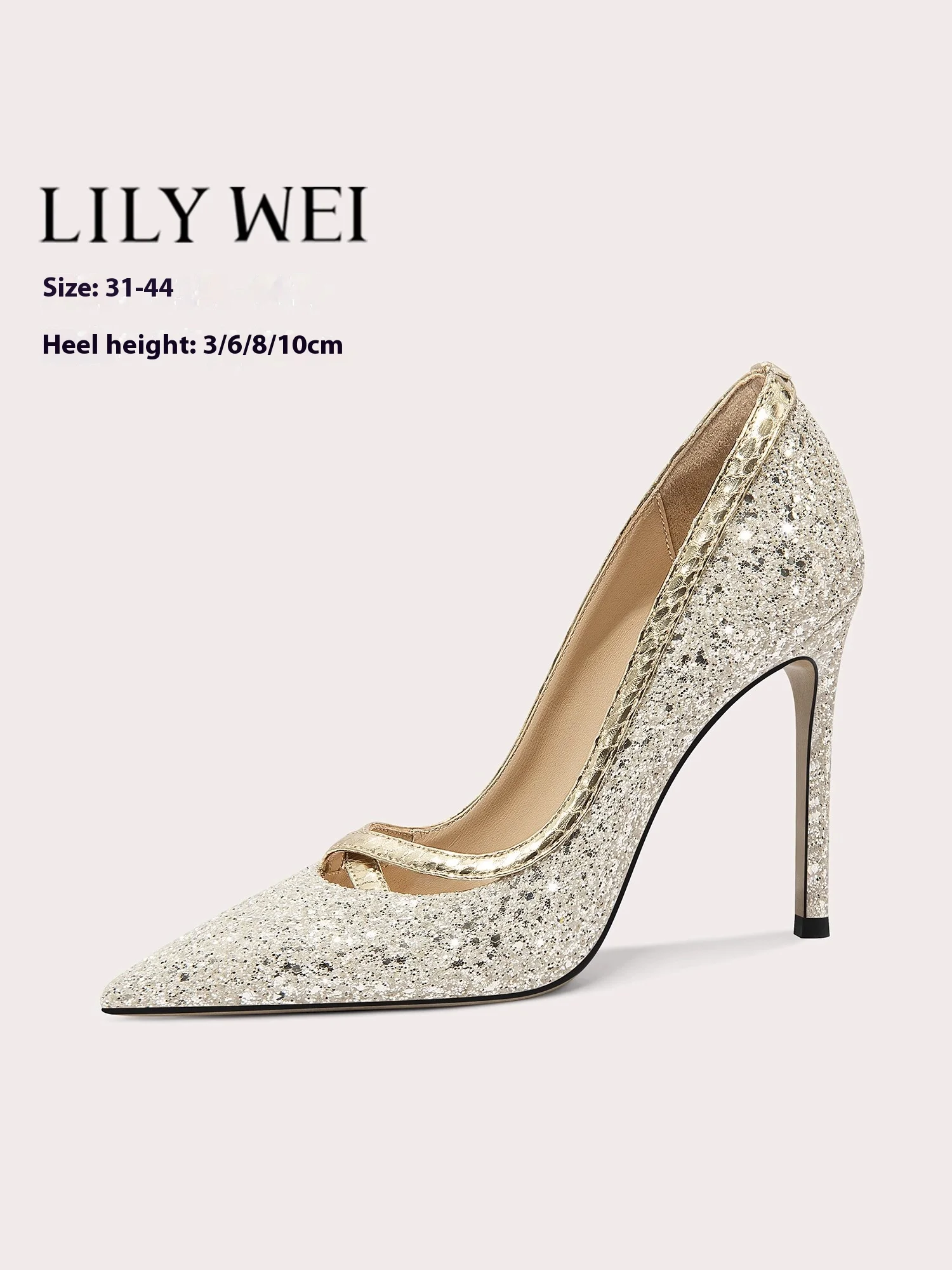 

Spring new shallow gold squin single-sided low-heeled wedding shoes thin high-heeled banquet large size small size women's shoes