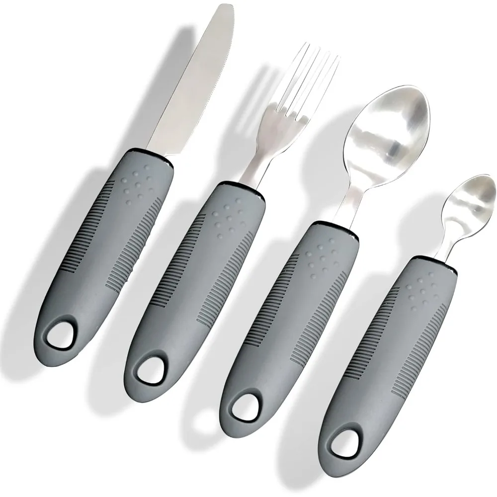 

4 шт. адаптивная посуда для пожилых людей, встроенная нескользящая ложка, вилка, люди пожилого возраста, набор паркинсонов, столовое серебро