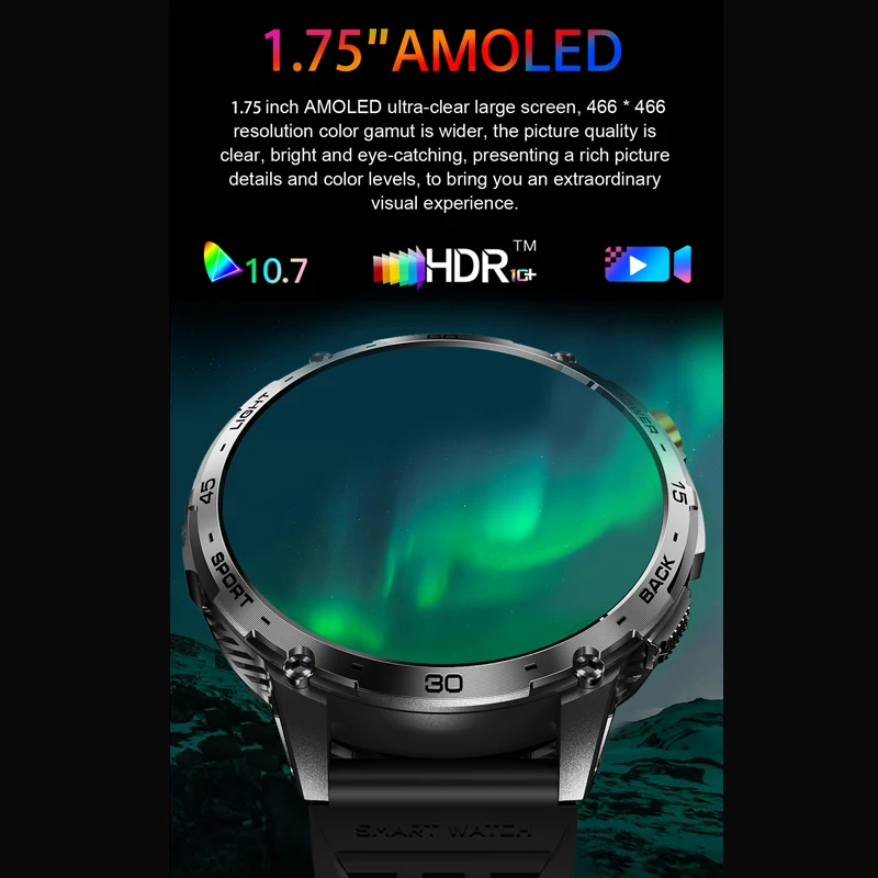 جديد K69 1.75 'AMOLED الرجال ساعة ذكية بلوتوث دعوة الموسيقى معدل ضربات القلب مسار الدم مصباح يدوي أطول وقت الانتظار HD شاشة على مدار الساعة